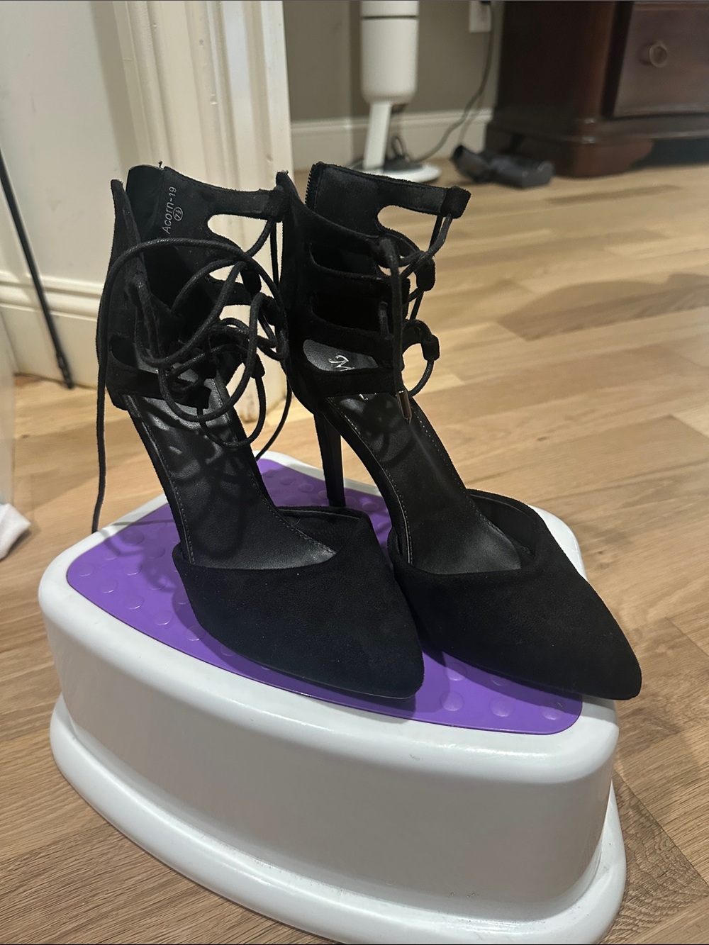 Black Lace-Up Pointed-Toe Stiletto Heels with Ankle Ties